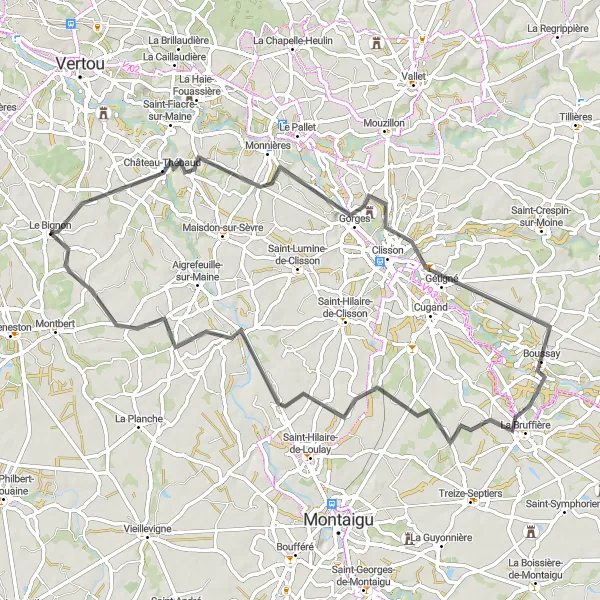 Miniature de la carte de l'inspiration cycliste "Boucles des Vallées - Route" dans la Pays de la Loire, France. Générée par le planificateur d'itinéraire cycliste Tarmacs.app