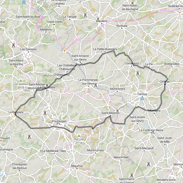 Map miniature of "Mont Mercure and Scenic Routes" cycling inspiration in Pays de la Loire, France. Generated by Tarmacs.app cycling route planner