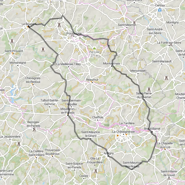 Miniature de la carte de l'inspiration cycliste "Balade à travers les Pays de la Loire" dans la Pays de la Loire, France. Générée par le planificateur d'itinéraire cycliste Tarmacs.app