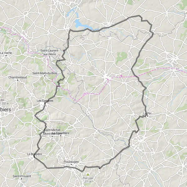 Map miniature of "Challenging Road Cycling Loop near Le Boupere" cycling inspiration in Pays de la Loire, France. Generated by Tarmacs.app cycling route planner