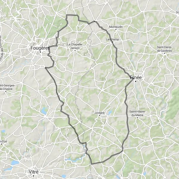 Map miniature of "Dompierre-du-Chemin Loop" cycling inspiration in Pays de la Loire, France. Generated by Tarmacs.app cycling route planner