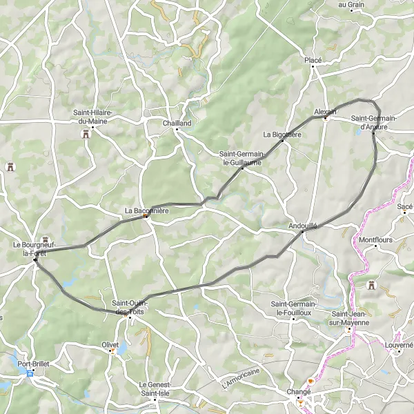 Map miniature of "Scenic Road Cycling Route near Le Bourgneuf-la-Forêt" cycling inspiration in Pays de la Loire, France. Generated by Tarmacs.app cycling route planner