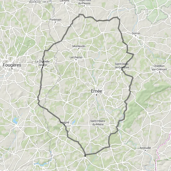 Map miniature of "Juvigné and Beyond" cycling inspiration in Pays de la Loire, France. Generated by Tarmacs.app cycling route planner