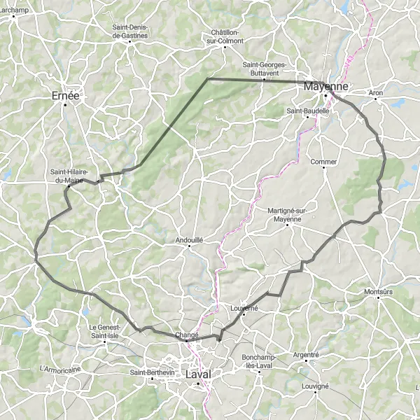 Map miniature of "Scenic Routes around Saint-Hilaire-du-Maine" cycling inspiration in Pays de la Loire, France. Generated by Tarmacs.app cycling route planner