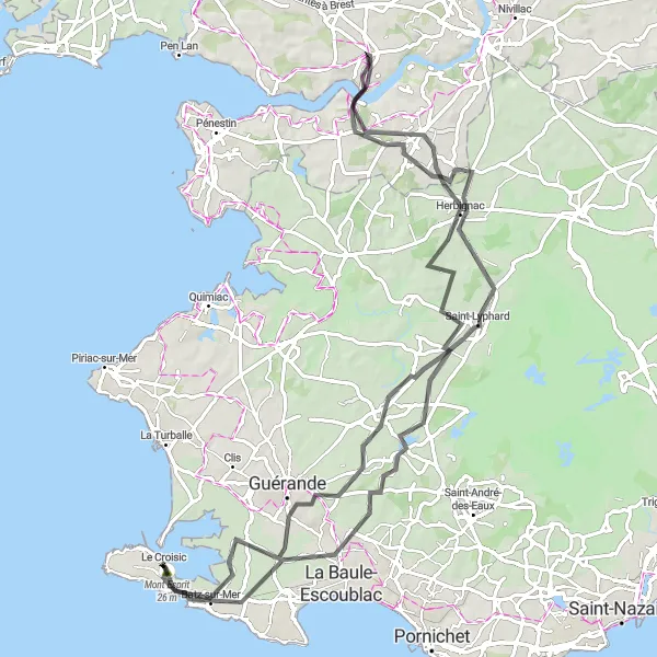 Map miniature of "The Coastal Circuit" cycling inspiration in Pays de la Loire, France. Generated by Tarmacs.app cycling route planner