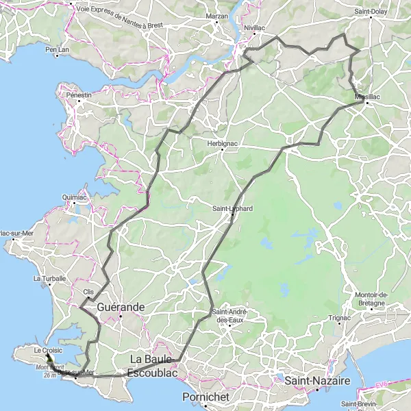 Miniature de la carte de l'inspiration cycliste "Parcours de la Roche-Bernard" dans la Pays de la Loire, France. Générée par le planificateur d'itinéraire cycliste Tarmacs.app