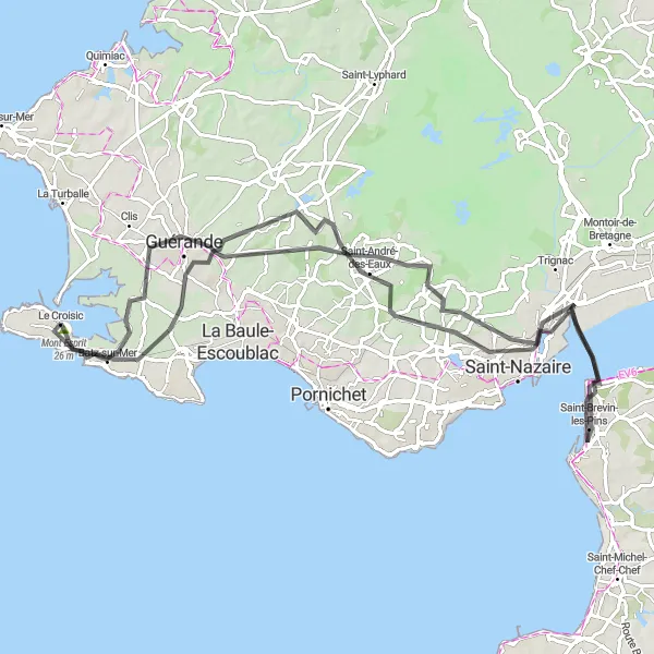 Map miniature of "Exploring Coastal Towns" cycling inspiration in Pays de la Loire, France. Generated by Tarmacs.app cycling route planner