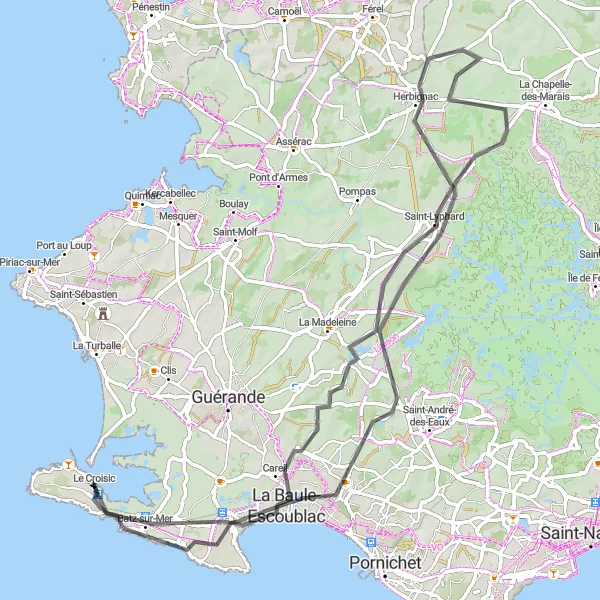 Map miniature of "Castles and Coastal Views Road Route" cycling inspiration in Pays de la Loire, France. Generated by Tarmacs.app cycling route planner