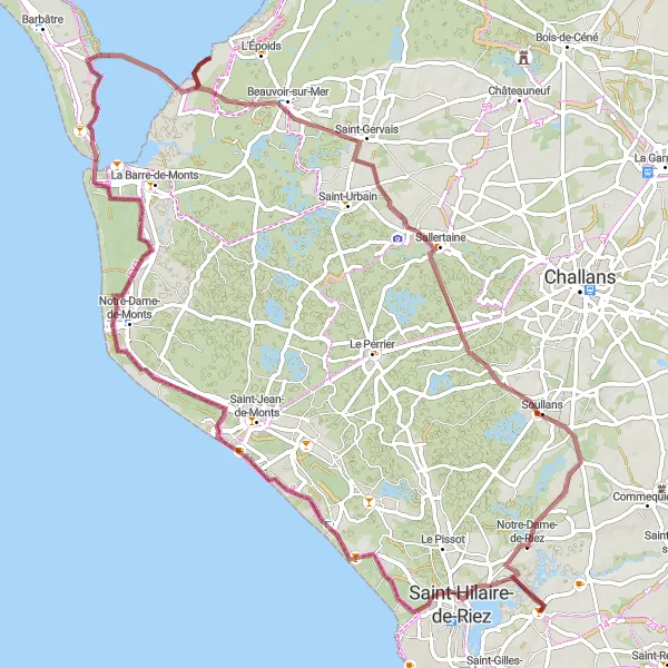 Map miniature of "Panoramic Views and Coastal Scenery Gravel Adventure" cycling inspiration in Pays de la Loire, France. Generated by Tarmacs.app cycling route planner