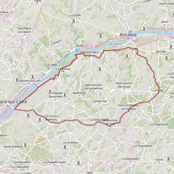 Map miniature of "Les Vignes du Layon" cycling inspiration in Pays de la Loire, France. Generated by Tarmacs.app cycling route planner