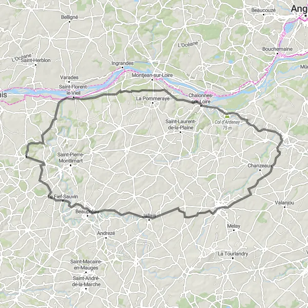 Miniature de la carte de l'inspiration cycliste "Vallée de l'Erdre et du Louet" dans la Pays de la Loire, France. Générée par le planificateur d'itinéraire cycliste Tarmacs.app