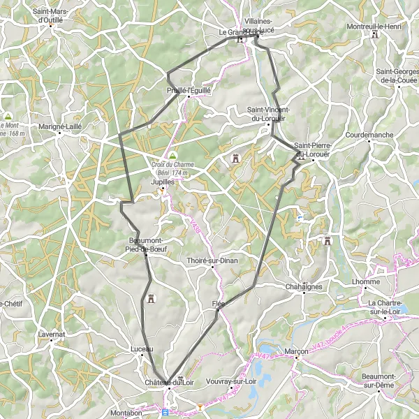 Map miniature of "Le Grand-Lucé Loop" cycling inspiration in Pays de la Loire, France. Generated by Tarmacs.app cycling route planner