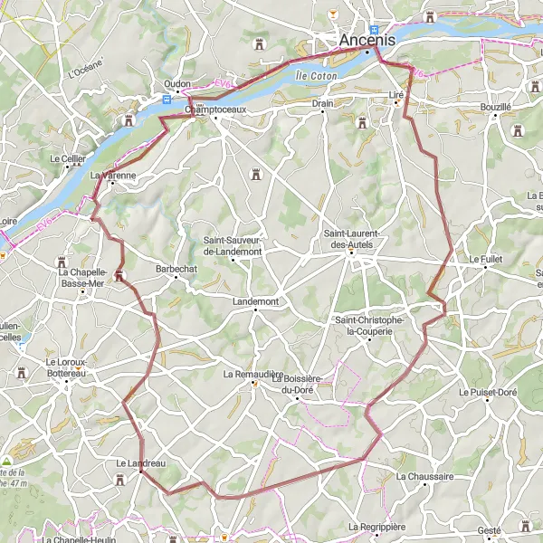 Map miniature of "Rolling Gravel Adventure" cycling inspiration in Pays de la Loire, France. Generated by Tarmacs.app cycling route planner