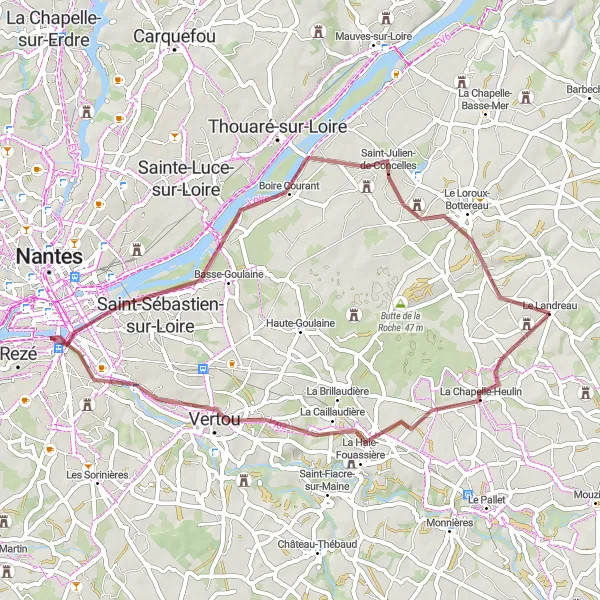 Map miniature of "Gravel Adventure: Le Landreau to Le Houx" cycling inspiration in Pays de la Loire, France. Generated by Tarmacs.app cycling route planner