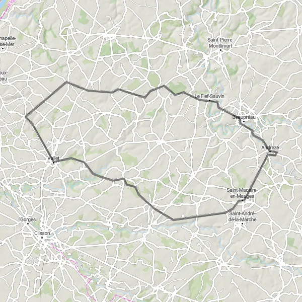 Map miniature of "Through the Vineyards: Le Landreau to Château de la Noë Bel-Air" cycling inspiration in Pays de la Loire, France. Generated by Tarmacs.app cycling route planner