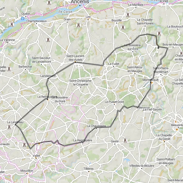 Map miniature of "Castles and Countryside" cycling inspiration in Pays de la Loire, France. Generated by Tarmacs.app cycling route planner