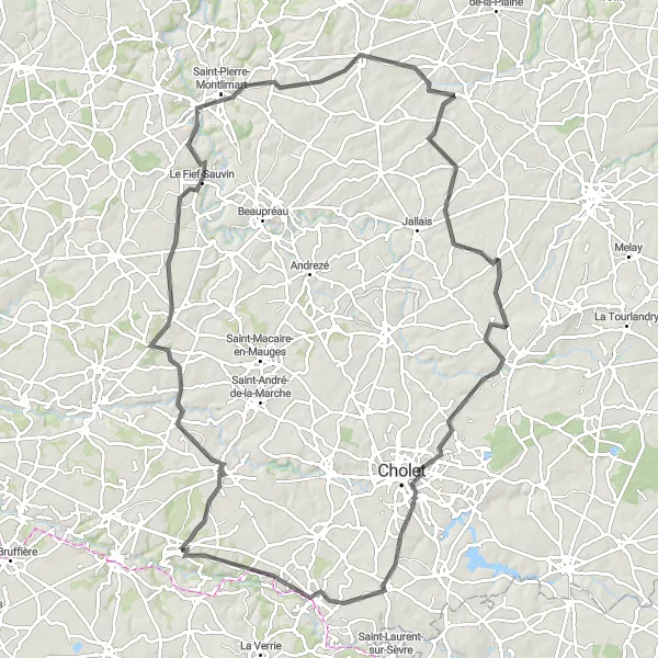 Miniature de la carte de l'inspiration cycliste "Boucle des Mauges" dans la Pays de la Loire, France. Générée par le planificateur d'itinéraire cycliste Tarmacs.app