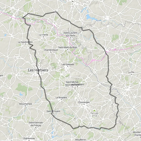 Miniature de la carte de l'inspiration cycliste "Parcours des Alouettes" dans la Pays de la Loire, France. Générée par le planificateur d'itinéraire cycliste Tarmacs.app