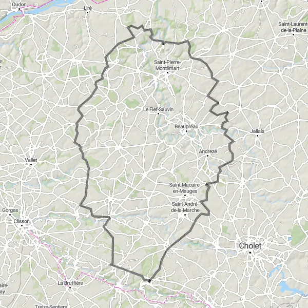 Miniature de la carte de l'inspiration cycliste "Circuit des Mauges Authentiques" dans la Pays de la Loire, France. Générée par le planificateur d'itinéraire cycliste Tarmacs.app