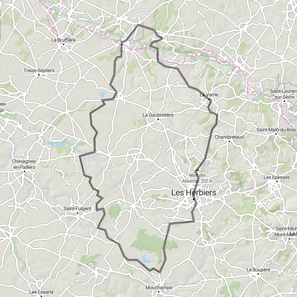 Miniature de la carte de l'inspiration cycliste "Les Collines de Vendée" dans la Pays de la Loire, France. Générée par le planificateur d'itinéraire cycliste Tarmacs.app