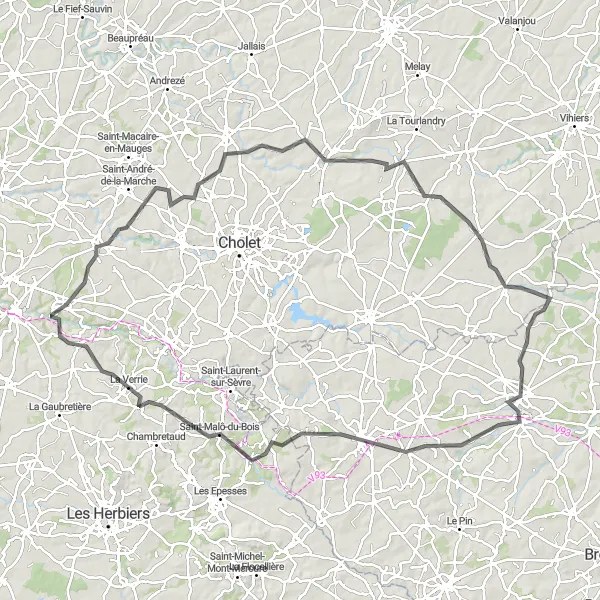 Miniature de la carte de l'inspiration cycliste "Circuit de Mallièvre" dans la Pays de la Loire, France. Générée par le planificateur d'itinéraire cycliste Tarmacs.app