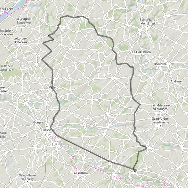 Miniature de la carte de l'inspiration cycliste "Les Coteaux de l'Autize" dans la Pays de la Loire, France. Générée par le planificateur d'itinéraire cycliste Tarmacs.app