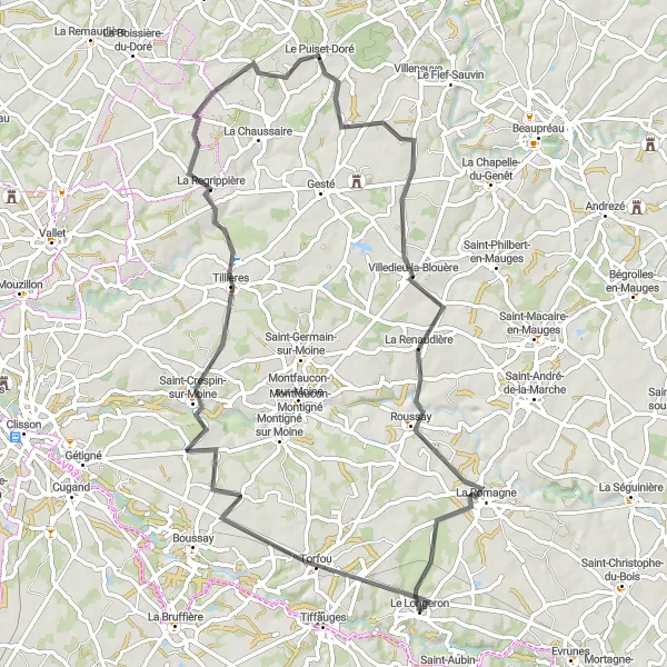 Miniature de la carte de l'inspiration cycliste "Les Charmes de la Vallée de la Moine" dans la Pays de la Loire, France. Générée par le planificateur d'itinéraire cycliste Tarmacs.app