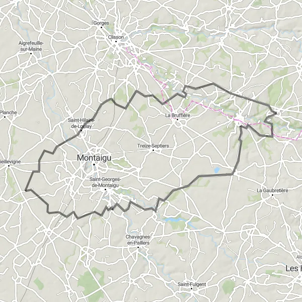 Miniature de la carte de l'inspiration cycliste "Les Collines du Bocage" dans la Pays de la Loire, France. Générée par le planificateur d'itinéraire cycliste Tarmacs.app