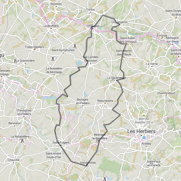 Miniature de la carte de l'inspiration cycliste "Les Routes de la Vendée Historique" dans la Pays de la Loire, France. Générée par le planificateur d'itinéraire cycliste Tarmacs.app
