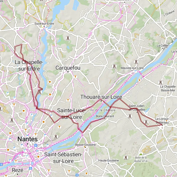Miniature de la carte de l'inspiration cycliste "Parcours de gravel autour de Le Loroux-Bottereau" dans la Pays de la Loire, France. Générée par le planificateur d'itinéraire cycliste Tarmacs.app