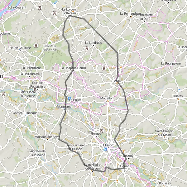 Miniature de la carte de l'inspiration cycliste "Boucle à vélo de route autour de Le Loroux-Bottereau" dans la Pays de la Loire, France. Générée par le planificateur d'itinéraire cycliste Tarmacs.app