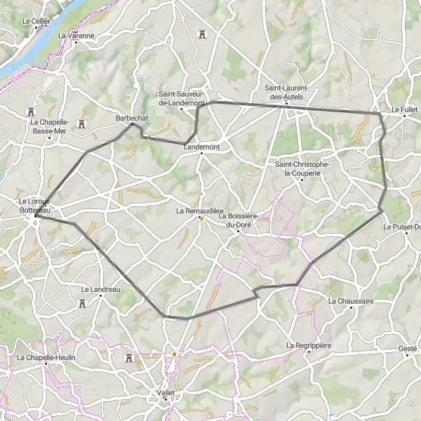 Miniature de la carte de l'inspiration cycliste "Parcours à Travers les Vignobles" dans la Pays de la Loire, France. Générée par le planificateur d'itinéraire cycliste Tarmacs.app