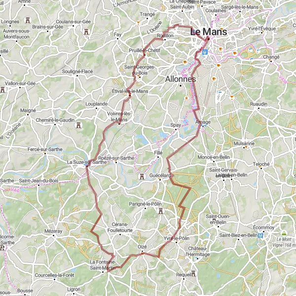 Map miniature of "Arnage and Voivres-lès-le-Mans Gravel Loop" cycling inspiration in Pays de la Loire, France. Generated by Tarmacs.app cycling route planner