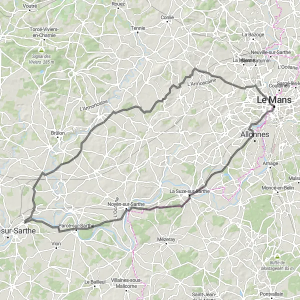 Map miniature of "The Sarthe Loop" cycling inspiration in Pays de la Loire, France. Generated by Tarmacs.app cycling route planner