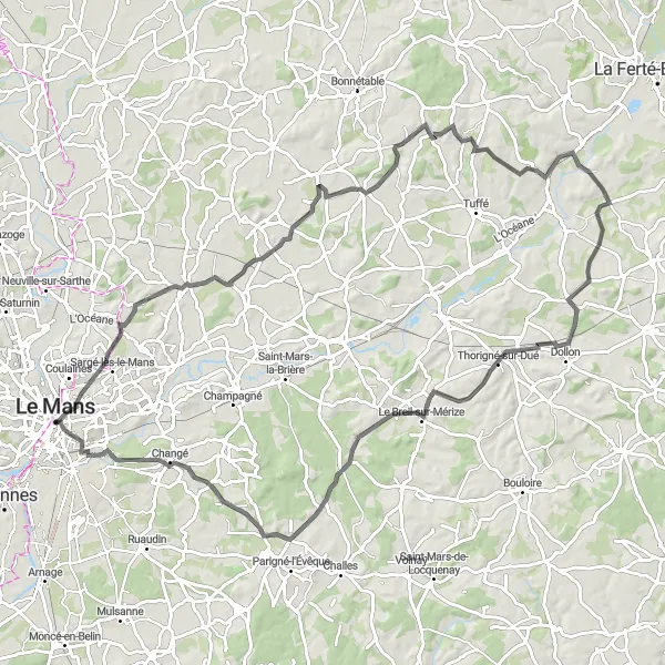Miniature de la carte de l'inspiration cycliste "Les Trésors de la Vallée de Sarthe" dans la Pays de la Loire, France. Générée par le planificateur d'itinéraire cycliste Tarmacs.app