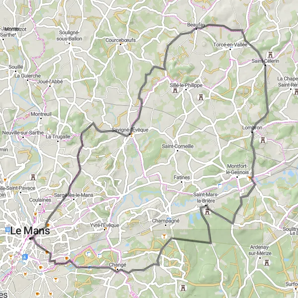 Map miniature of "Savigné-l'Évêque Loop" cycling inspiration in Pays de la Loire, France. Generated by Tarmacs.app cycling route planner