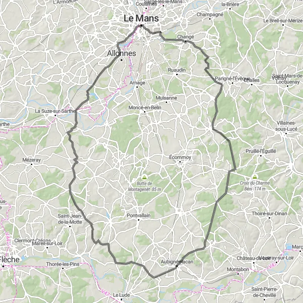 Miniature de la carte de l'inspiration cycliste "Itinéraire de 110 km de la Sarthe à Allonnes" dans la Pays de la Loire, France. Générée par le planificateur d'itinéraire cycliste Tarmacs.app