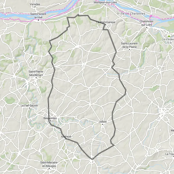 Map miniature of "Les Mauges Loop" cycling inspiration in Pays de la Loire, France. Generated by Tarmacs.app cycling route planner