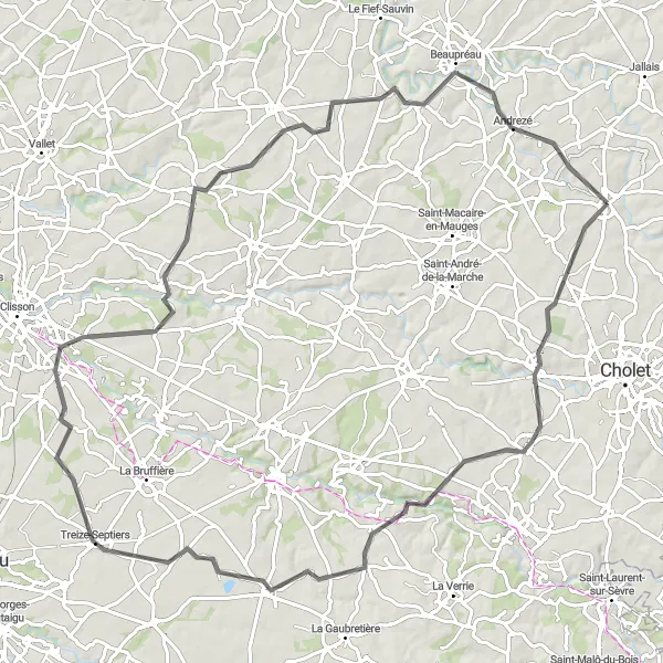 Map miniature of "La Séguinière Adventure" cycling inspiration in Pays de la Loire, France. Generated by Tarmacs.app cycling route planner