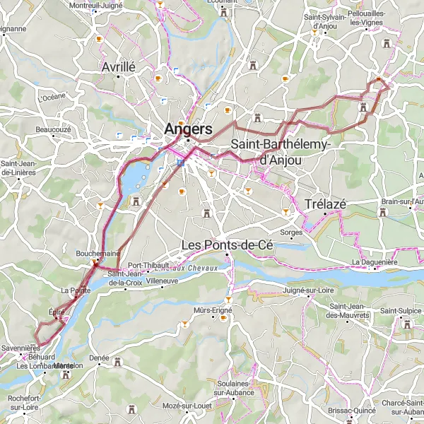 Map miniature of "Hidden Gems of Anjou" cycling inspiration in Pays de la Loire, France. Generated by Tarmacs.app cycling route planner