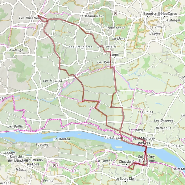 Miniature de la carte de l'inspiration cycliste "Tour de Saint-Mathurin-sur-Loire" dans la Pays de la Loire, France. Générée par le planificateur d'itinéraire cycliste Tarmacs.app