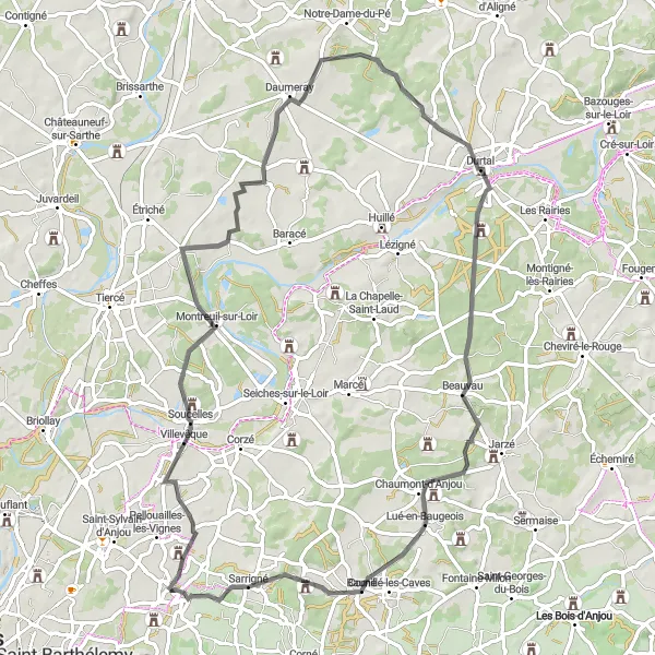 Map miniature of "Soucelles and Durtal Adventure" cycling inspiration in Pays de la Loire, France. Generated by Tarmacs.app cycling route planner