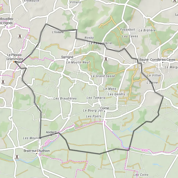 Map miniature of "Scenic Route to Bauné and Andard" cycling inspiration in Pays de la Loire, France. Generated by Tarmacs.app cycling route planner