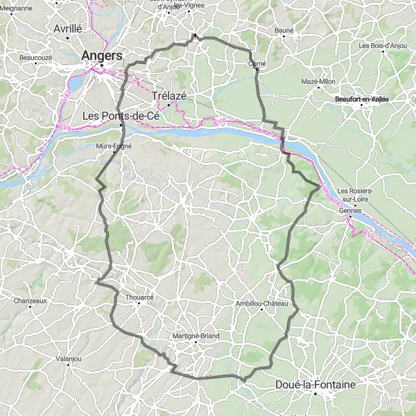Miniature de la carte de l'inspiration cycliste "Le tour des châteaux de l'Anjou" dans la Pays de la Loire, France. Générée par le planificateur d'itinéraire cycliste Tarmacs.app