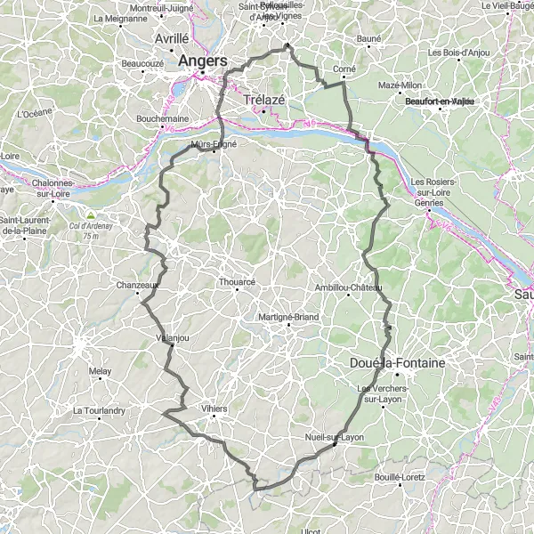 Map miniature of "Epic Scenery and Landmarks Tour to Saint-Lambert-du-Lattay and La Roche de Mûrs" cycling inspiration in Pays de la Loire, France. Generated by Tarmacs.app cycling route planner