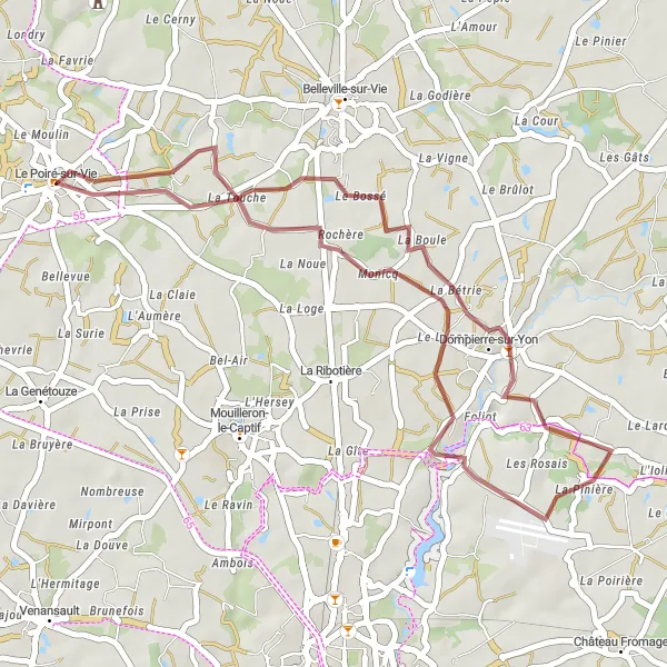 Map miniature of "Monicq Gravel Route" cycling inspiration in Pays de la Loire, France. Generated by Tarmacs.app cycling route planner