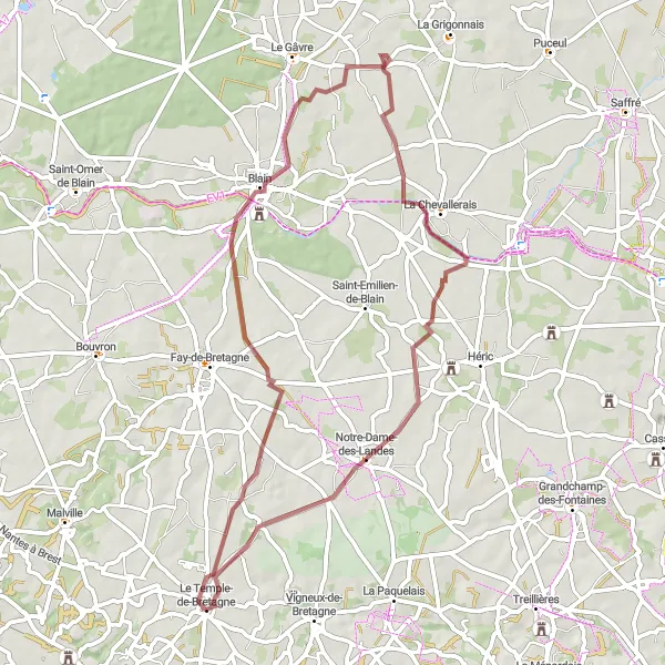 Map miniature of "Gravel Adventure through Blain and Notrate-Dame-des-Landes" cycling inspiration in Pays de la Loire, France. Generated by Tarmacs.app cycling route planner