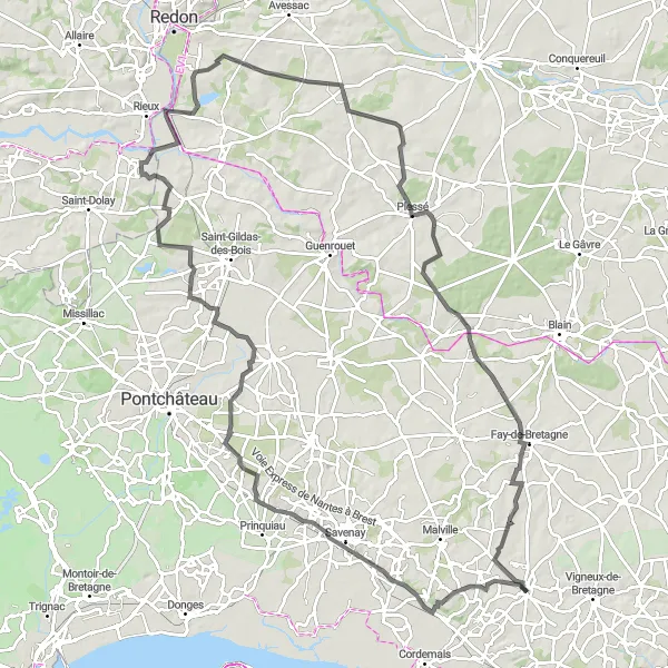 Map miniature of "Scenic Road Cycling Adventure near Le Chapelle-Launay and Fay-de-Bretagne" cycling inspiration in Pays de la Loire, France. Generated by Tarmacs.app cycling route planner