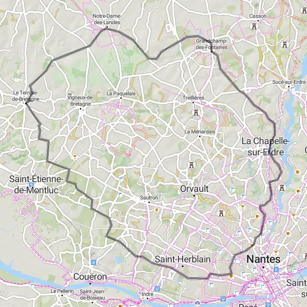 Map miniature of "Exploring the Countryside near Grandchamp-des-Fontaines and Manoir de la Paclais" cycling inspiration in Pays de la Loire, France. Generated by Tarmacs.app cycling route planner