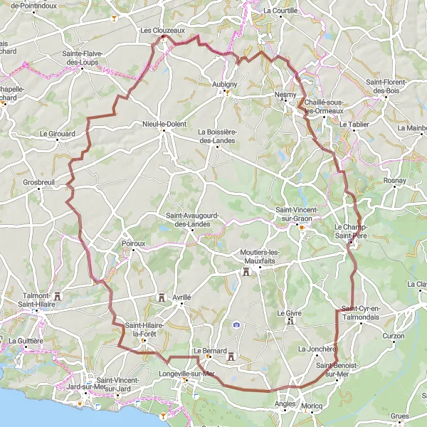Miniature de la carte de l'inspiration cycliste "Itinéraire de gravel à travers Les Clouzeaux" dans la Pays de la Loire, France. Générée par le planificateur d'itinéraire cycliste Tarmacs.app